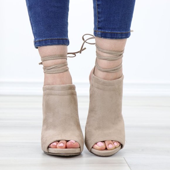 Tan Faux Suede Open Toe Ankle Laces High Heeled Sandals - Picture 6 of 12